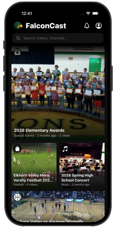 The FalconCast iOS app — Elkhorn Valley's own branded app. Its home feed leads with an elementary awards ceremony, then a football season, a spring concert, and a basketball game.