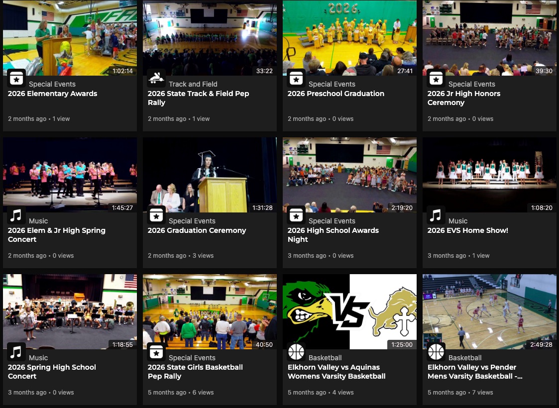A school's growing video library: awards ceremonies, pep rallies, preschool graduation, spring concerts, show choir, graduation, and basketball games — kept after they aired.